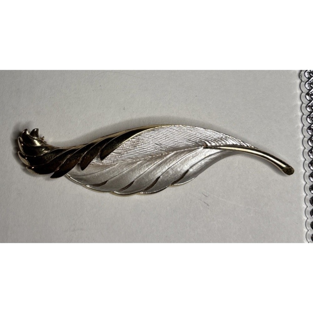 Vintage Signed Pastelli Two Tone Silver Gold Leaf Feather Brooch Large Pin 3"